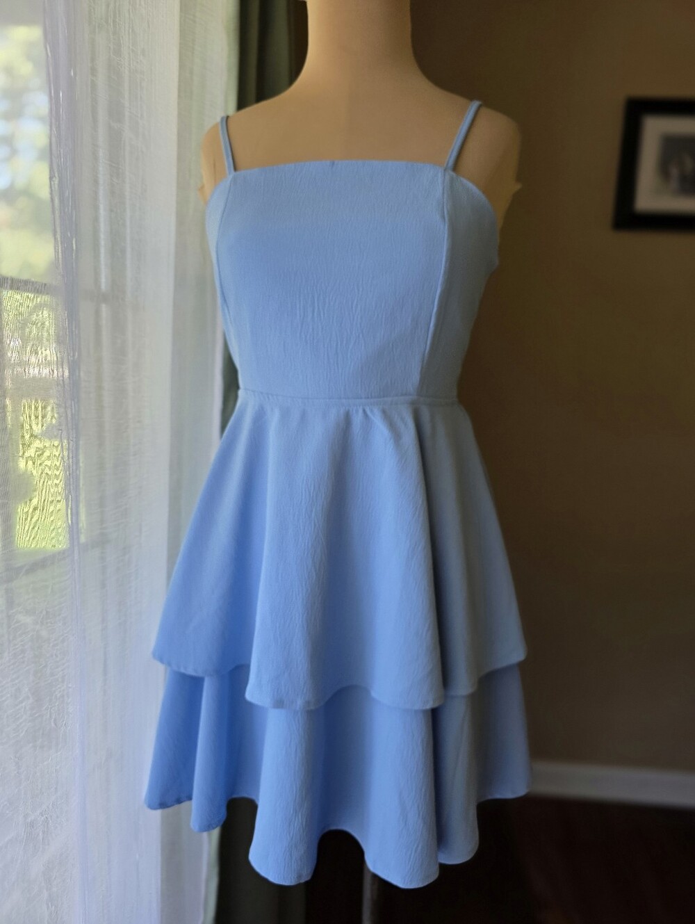 Sky Blue Tiered Ruffle Mini Dress Square Neck Tie Back Romantic Womens S BNGD